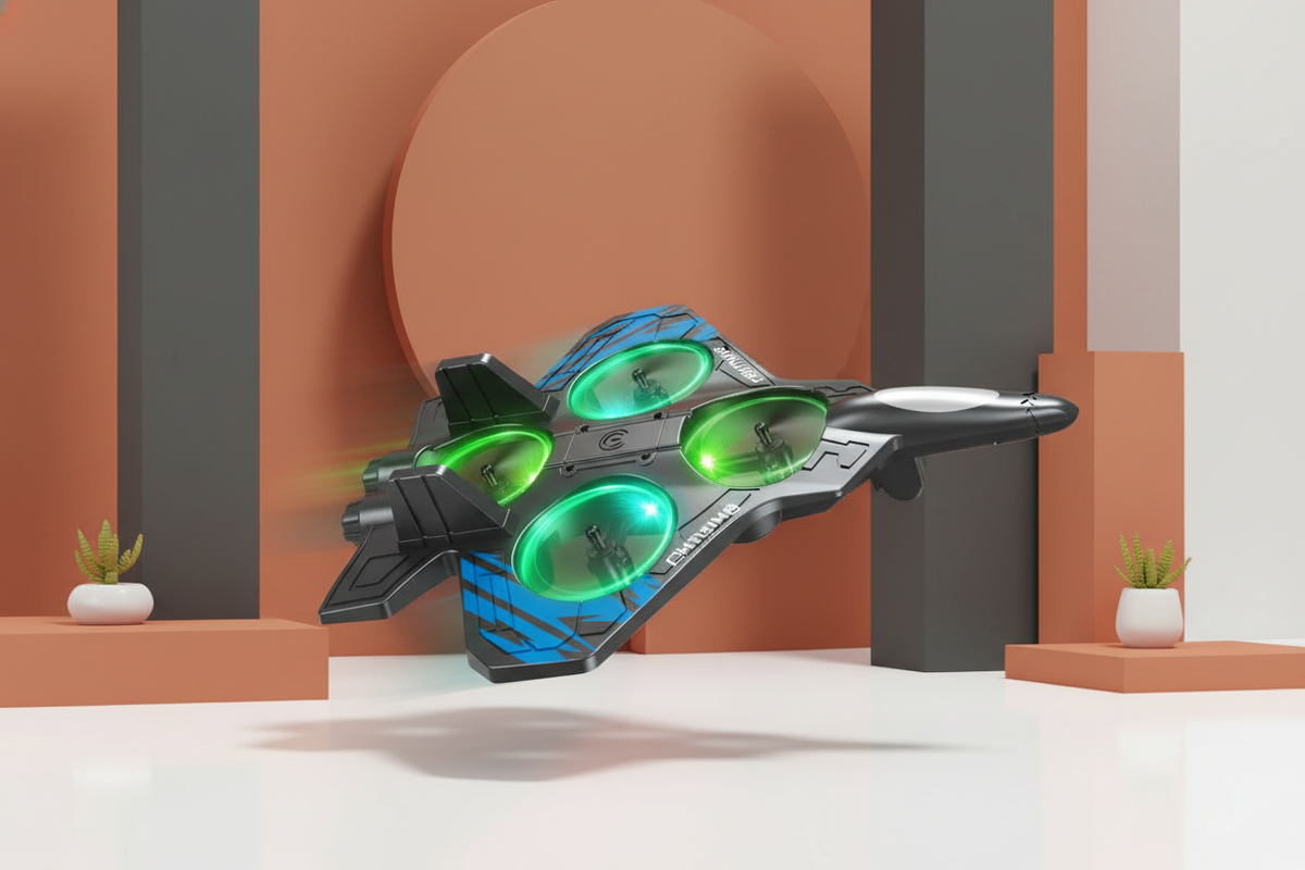 ApexJet Stealth Foam Stunt Drone with illuminated rotors in mid-flight against a modern studio background with terracotta and