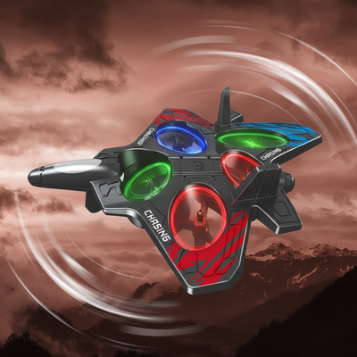 ApexJet Stealth Foam Stunt Drone, made of EPP foam with LED rotors, flying at high speed against a blurred background.